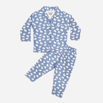 Full Sleeves Baby Elephant Printed Night Suit  for Baby/Kids - Light Blue 12-18 Months